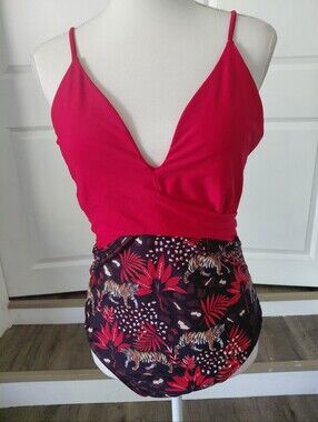 Binlowis Red V-Neck One-Piece Swimsuit with Tiger & Tropical Print Sz Large NWT